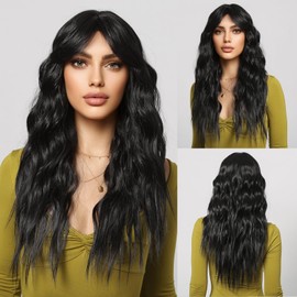 Black Long Wavy Wigs for Women Synthetic Wigs with Curtain Bangs Natural Hair Wig Daily Party Use Heat Resistant
