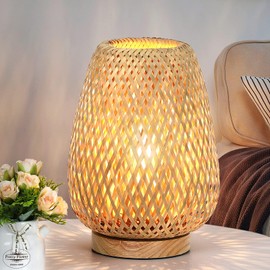 Rattan Table Lamp, Stepless Dimmable Small Beside Lamp, Vintage Wicker Wooden Nightstand Boho Bamboo Woven End Table Lamps for Bedroom Living Room Desk Kids Room, 2700K T45 LED Bulb Included