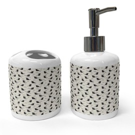 Ambesonne Cats Soap Dispenser & Toothbrush Holder Set, Repetitive Animal Pattern with Spiral Motifs Meow Purr Kittens, Ceramic Bathroom Toiletry Accessories, 2 Pcs, Black and Eggshell