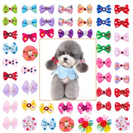 Berkelen Dog Hair Accessories, Pack of 50 Dog Hair Bows with Elastic Band, Pets Dog Hair Bows, Accessories for Long Hair, Pets, Dogs, Cats, Puppies, Random Colour