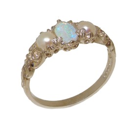 LetsBuyGold 925 Sterling Silver Real Genuine Opal & Cultured Pearl Womens Trilogy Engagement Ring - Size 6