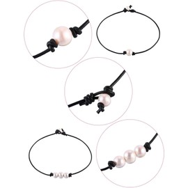 MauSong 2 Pieces Single Freshwater Pearl Necklace and 3 Freshwater Pearl Beads Choker on Black Leather Cord for Women