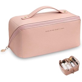 Travel Cosmetic Bag with Large Capacity, Portable Makeup Bag, Waterproof Leather Organiser, Toiletry Bag with Divider, Organiser Bag, Pink