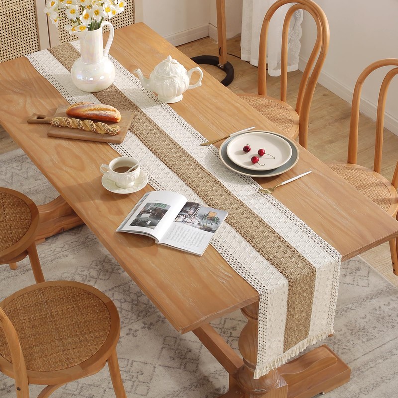 Figarge Macrame Table Runner, Beige Boho Table Runner with Tassels,