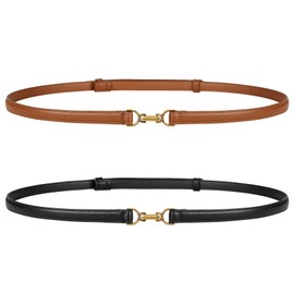 JASGOOD 2 Pack Women Skinny Faux Leather Belts Thin Waist Belts With Adjustable Vintage Gold Buckle for Dresses Jeans(Black+Brown)