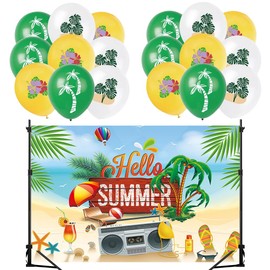 Beach Party Decorations Summer Tropical Backdrop and Balloons Set with Palm Tree Surfboard Banner for Pool Birthday Hawaiian Luau Theme Party Supplies for Indoor Outdoor Use