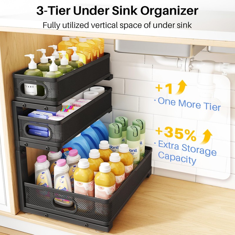 Under Sink Organizer, 2-Pack 3-Tier Thickened Metal Pull out Cabinet