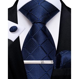 DiBanGu Formal Navy Blue Plaid Zipper Tie Set,Silk Adjustable PreTied Ties and Pocket Square Cufflinks Tie Clip Set Business
