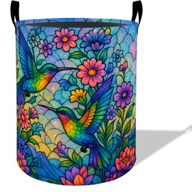 Colorful Hummingbird Laundry Basket Hamper 19.7"x15.7", Organizer Bins Gifts for Kids Boys Girls, Floral Stained Glass Foldable Wateshrproof Oxford Clothes Storage Bucket for Bedroom Bathroom Decor