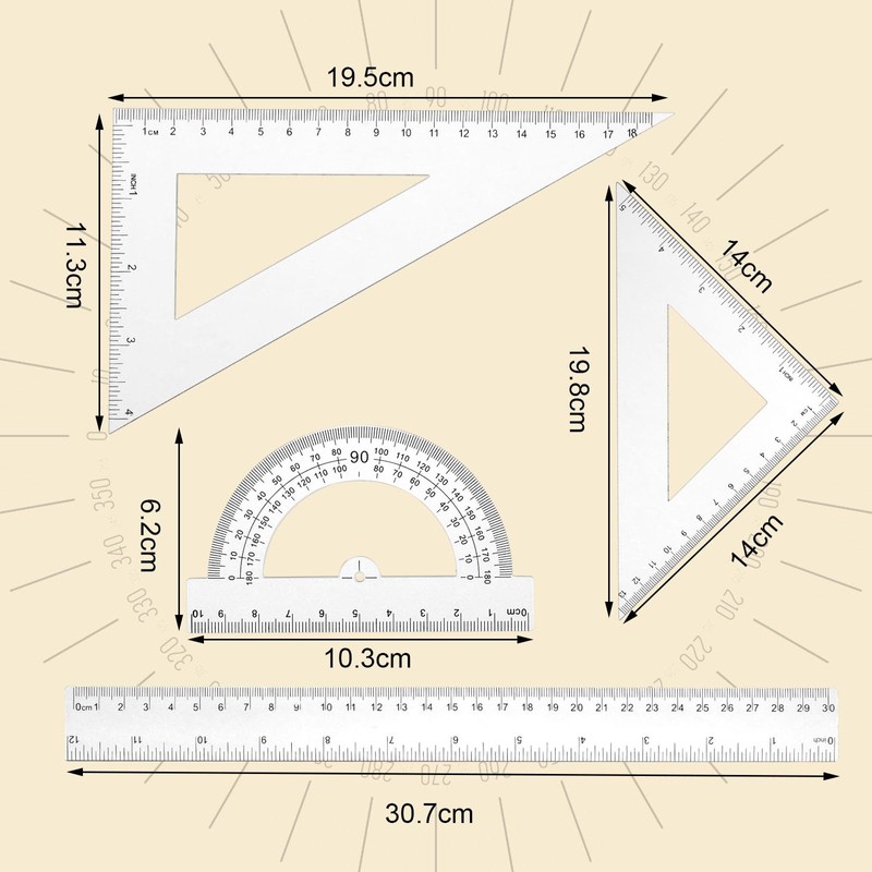 Thinp Set of 4 Rulers Set Geometry Set Plastic Math