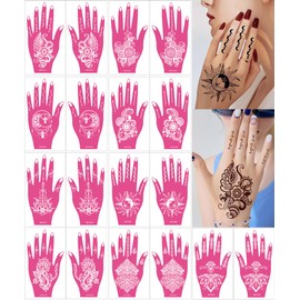PPVWEY 18 Sheets Henna Tattoo Stencils Kit, Hand Temporary Tattoo Template Sun Moon Flower Indian Arabian Body Art Stickers for Women and Girls (Pink)