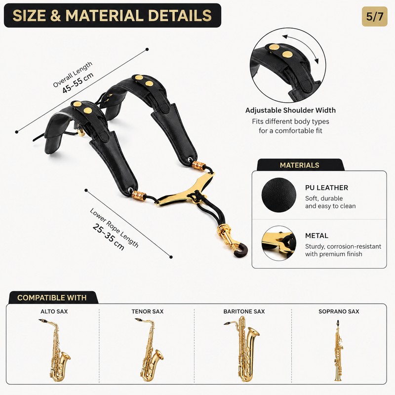 Saxophone Shoulder Strap for Comfortable Playing – Adjustable PU Leather
