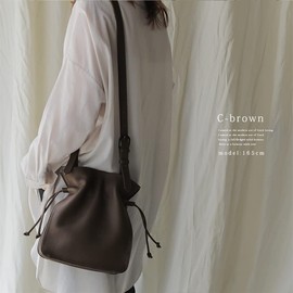 Gratante abb-g0035 Genuine Cowhide Leather Drawstring Shoulder Bag Women's Shoulder Bag, charcoal brown