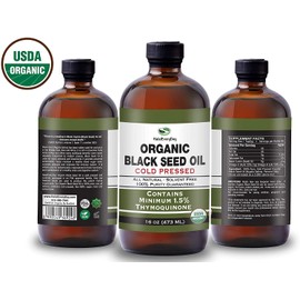 Organic Black Seed Oil - USDA Certified Cold Pressed Glass Bottle Over 1.5% Thymoquinone 3X strength Turkish Black Cumin Nigella Sativa non-GMO 100% Pure Blackseed Oil (32oz Glass (2X16) Bottle)