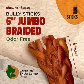 chew-e&tasty 6" Jumbo Braided Bully Sticks for Dogs (Pack of 5) - Long Lasting Beef Chews - Made of Digestible High Protein & Low Fat Dental Care Dog Bully Sticks for Medium to Large Breeds