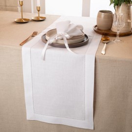 D'Moksha Homes Linen Table Runner 14 x 120 Inch - 100% Pure Linen Classic Hemstitch White Table Runner - Machine Washable Farmhouse Table Runner