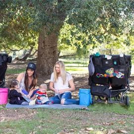 J.L. Childress Double Stroller Organizer with Large Mesh Storage Compartment - Stroller Accessory with Extra-Large Storage Bag - Deep Cup Holders - Multiple Zippered Pockets - Black