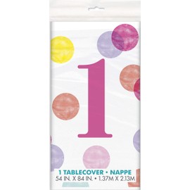 Pink Dots 1st Birthday Table Cover (137cm x 213cm) - Charming Rectangular Plastic Tablecloth - Perfect for Your Little's Celebrations - 1 Pc, 54" x 84"