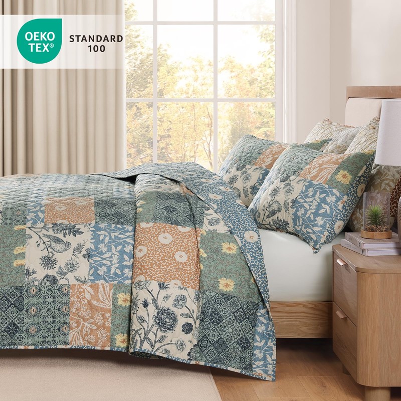 Quilts Queen Size-3 Pieces Soft Queen Bedspread Floral Patchwork Quilt