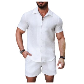 GORGLITTER Men's 2 Piece Outfits Waffle Knit Button Down Shirt Top and Shorts Set, Solid White, X-Large