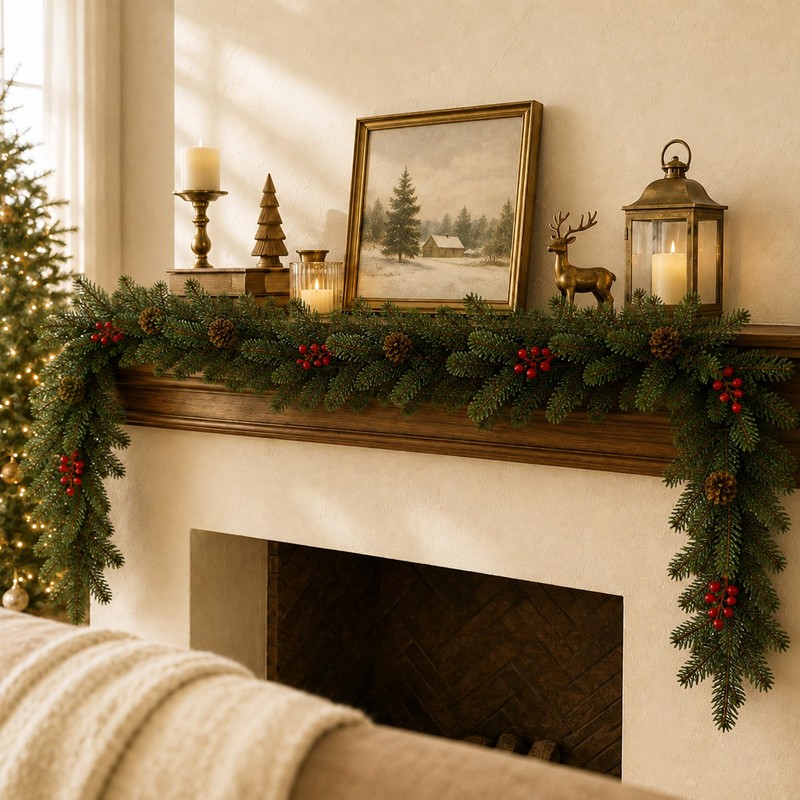 9 FT Artificial Christmas Garland with Berry and Pinecone Accents