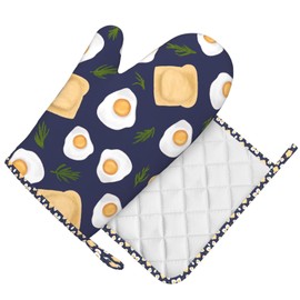 Indokyeyqaz Fried Egg Bread Vanilla Oven Mitts and Pot Holders Sets, Home Silicone Heat Resistant BBQ Gloves for Kitchen Baking Cooking Grilling Microwave