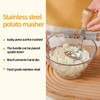 Wooden-handled potato masher, made of high-quality stainless steel, with a
