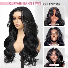 Real Hair Wig, Curtain Bangs, Face-Framing, Layered Loose Wave Human Hair Wig, 6 x 6 Precut Lace Front, Reay To Wear, Glueless Wig, Human Hair for Black Women, 200% Density Wigs with Fringe, 56 cm
