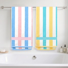 Jacquotha 100% Cotton Bath Towels Set of 2, Highly Absorbent Striped Towels for Bathroom, Hotel, Spa, Large 55 x 27.5 Inches (Peach-Pink & Teal)