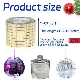 Gold Self-Adhesive Glass Mirror Mosaic Tiles, 5 x 5 mm Square Mirror Tiles, 3200 Pieces Disco Ball Tiles for DIY Craft, 2 Rolls Disco Mirror Tiles for Interior, Art Collage, Card Making, Cups