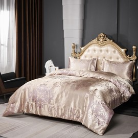 Herside Jacquard Duvet Cover Set Single Champagne Gold Bedding Set Premium Polyester Quilt Cover Royal Damask Bed Cover Luxury Bedding Set with Vintage Paisley Pillowcase