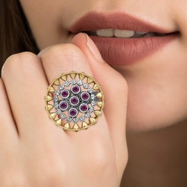 Aheli Vintage Inspired Statement Adjustable Ethnic Ring Dual Tone Faux Stone Studded Indian Fashion Jewelry Gift for Women