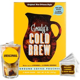 GRADY’S COLD BREW, New Orleans Style, 100% Arabica Ground Coffee & Chicory Pouches, One Box of Four Easy-to-Brew Bean Bags, Makes 12 drinks