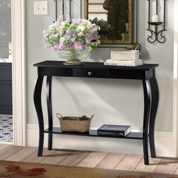 ChooChoo Narrow Console Table with Drawer, Chic Accent Sofa Table, Entryway Table, Black
