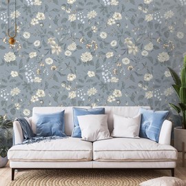 HLNIUC Flower Wallpaper Blue,Boho Floral Wallpaper Self Adhesive,Blue Wall Paper Peel And Stick(44x300cm) Blue White Flower Bedroom Room Wall Stickers,Vintage Wall Decor for Bedroom Kitchen Cabinets