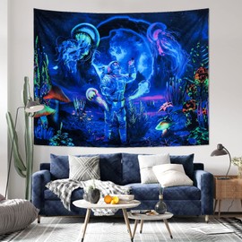 MitoGadget Blacklight Astronaut Tapestry for Bedroom Aesthetic, Trippy Tapestry UV Reactive Jellyfish Tapestry Underwater World Tapestries Wall Hanging Decor, 59.1ʺ x 51.2ʺ