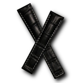 20mm Black Alligator-Style Genuine Leather Watchband with White Stitching to fit TAG Heuer Monza (Spring Bars Included)