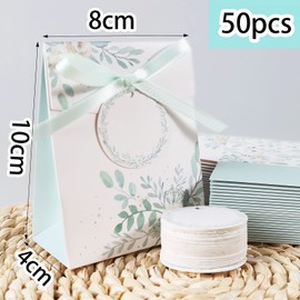 Pack of 50 Wedding Gift Boxes 8 x 4 x 10 cm with Green Leaf Design Including Gift Tags and Ribbons Small Gift Box for Wedding Favours Christening Gift Wrapping etc.