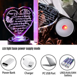 15th Wedding Anniverary Crystal Gifts for Wife Her, Crystal Engraved Happy 15 Years Anniversary Kepsake with LED Light Base, Crystal 15th Wedding Gifts for Women Husband Couples
