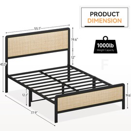 GarveeHome Full Size Rattan Platform Bed Frame, Full Bed Frame with Natural Rattan Headboard and Footboard, Metal Bed Frame with Under Bed Storage and Strong Slats Support, No Box Spring Needed