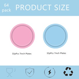 64Pcs Pink and Blue Paper Plates,Baby Blue Disposable Paper Plates 7 Inch Solid Color Paper Dinner Plates Tableware Party Plates for Birthday Party Plates,BBQs,Picnic,Kids Shower Party Plates Supplies