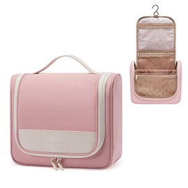 LOVEVOOK Women's Toiletry Bag, Waterproof Hanging Toiletry Bag with Hooks, Large Wash Bag, Cosmetic Bag, Cosmetic Case, Cosmetic Bag for Travel Make Up, Pink and beige, M, Toiletry bag