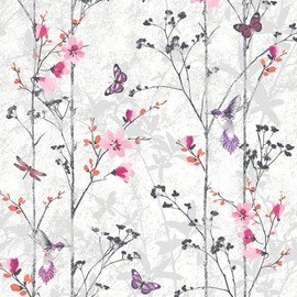 Eden Pink Floral Wallpaper - Flowers Butterflies Birds Naturistic Trees - Modern Contemporary Feature Wall
