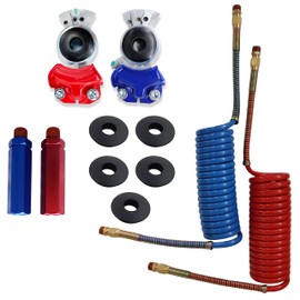 TORQUE Tractor Trailer Air Brake Line Hose Coil Assembly Coiled Set with Glad Hands Handle Grip Rubber Seals, for Semi Truck Blue Red, 1/2" NPT Fittings (12' Length x 12" Tractor Lead) (TR022025)