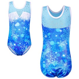 XFGIRLS Leotardos de gimnasia para niñas pequeñas, malla brillante empalmada de ballet de una pieza, Azul (Snowflake), 5-6 Años