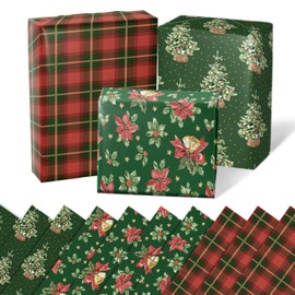 LeZakaa Christmas Wrapping Paper 6 Sheets, Vintage Green Christmas Trees, Poinsettia, Red Bow Bells, Red Green Buffalo Plaid, Folded Flat for Holidays Party 19.7" x 27.5" Per Sheet