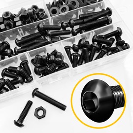 Mywish 240 Pieces M6 Screw Nuts and Bolts Assortment Kit, 10.9 Grade Alloy Steel, Nuts and Bolts Button Head Socket Cap, Flat Washers/Nuts/Hex Wrenches M6*8/12/16/20/25/30mm Black, Fully Threaded