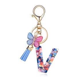OKAICEN - Llavero con letra inicial del alfabeto con borla y mariposa para bolso de mano, para mujeres y niñas, Mariposa Azul Letra V, Talla única