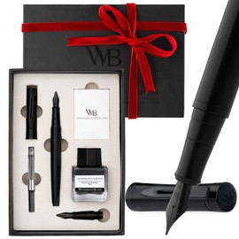 Wordsworth & Black Fountain Pen Set, 18K Gilded Medium and Extra Fine Nib, 25ML Black Ink Bottle, 6 Ink Cartridges,Refill Converter,Gift Box,Smooth Writing Pens [All Black],Gift Set for Men and Women