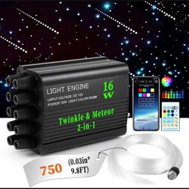 Twinkle & Meteor Starlight Headliner Kit for Car 0.03in x 9.8ft 750 Strands for Ambient Interior Decor 16W RGBW Fiber Optic Star Light Engine, 200 White Shooting Stars